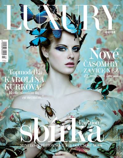 Luxury Guide - obálka časopisu pro jarní vydání 2014, autor fotografie: Lucie Robinson. Modelka byla oděna do luxusní tkané textilie s motivy růží z nabídky www.interierovetextilie.cz 