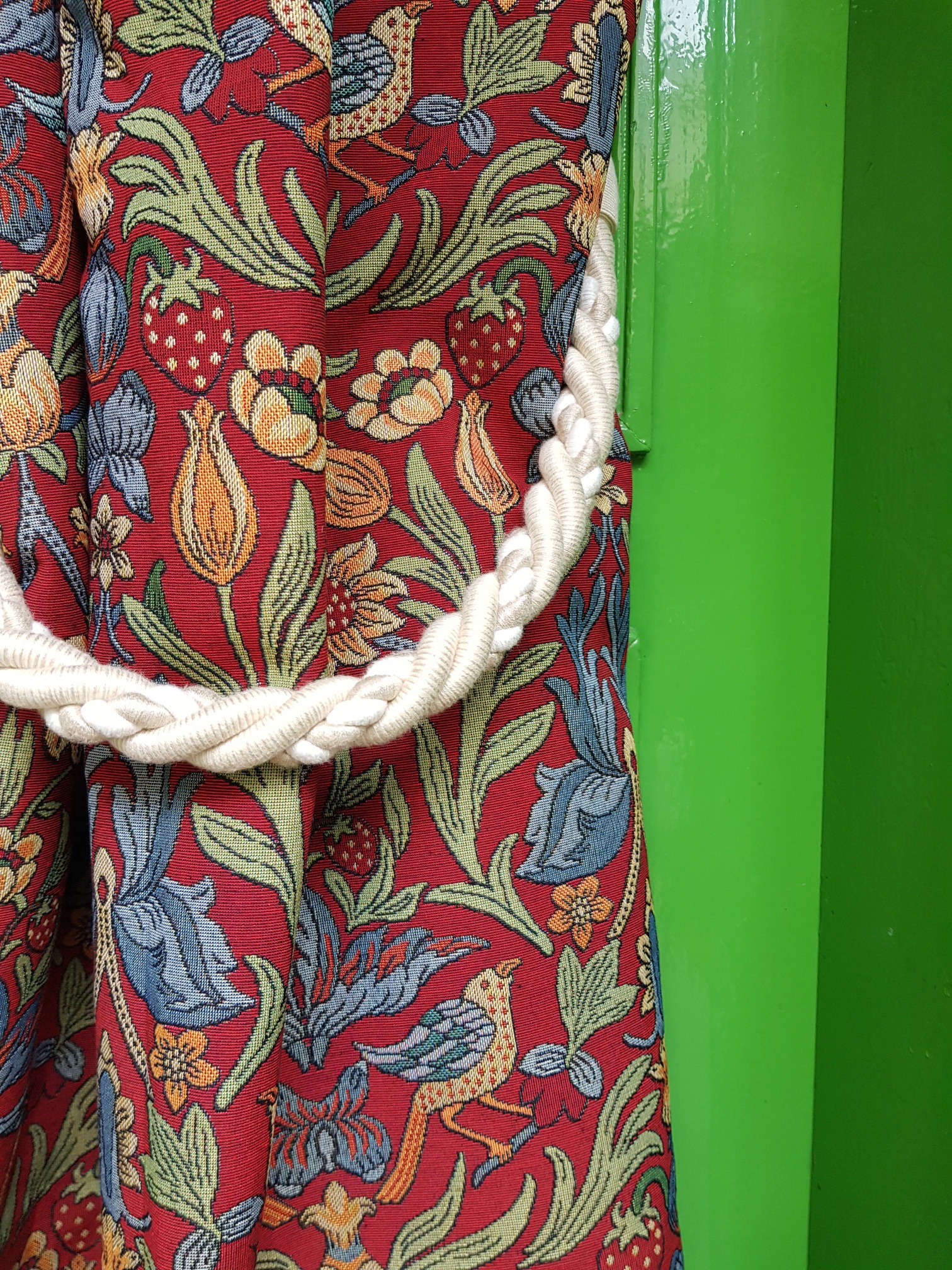 Plody a ptáci ve florální secesi na malinové červené